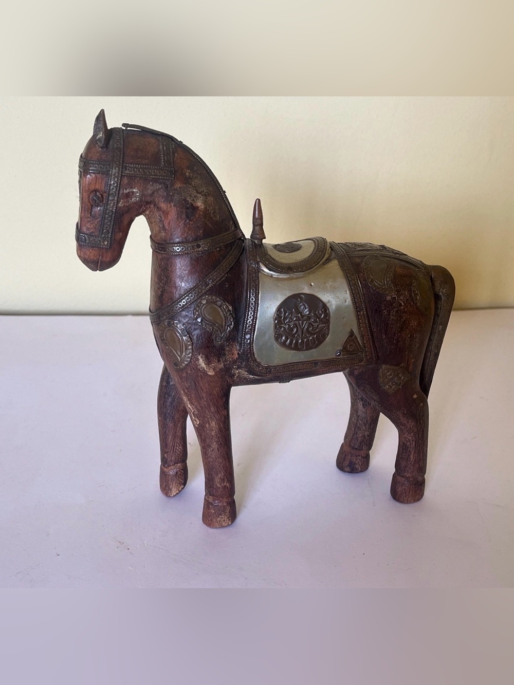 Antique Horse Sculpture - Trojan Statue Hand-carved Wood w Brass & Bronze Metal